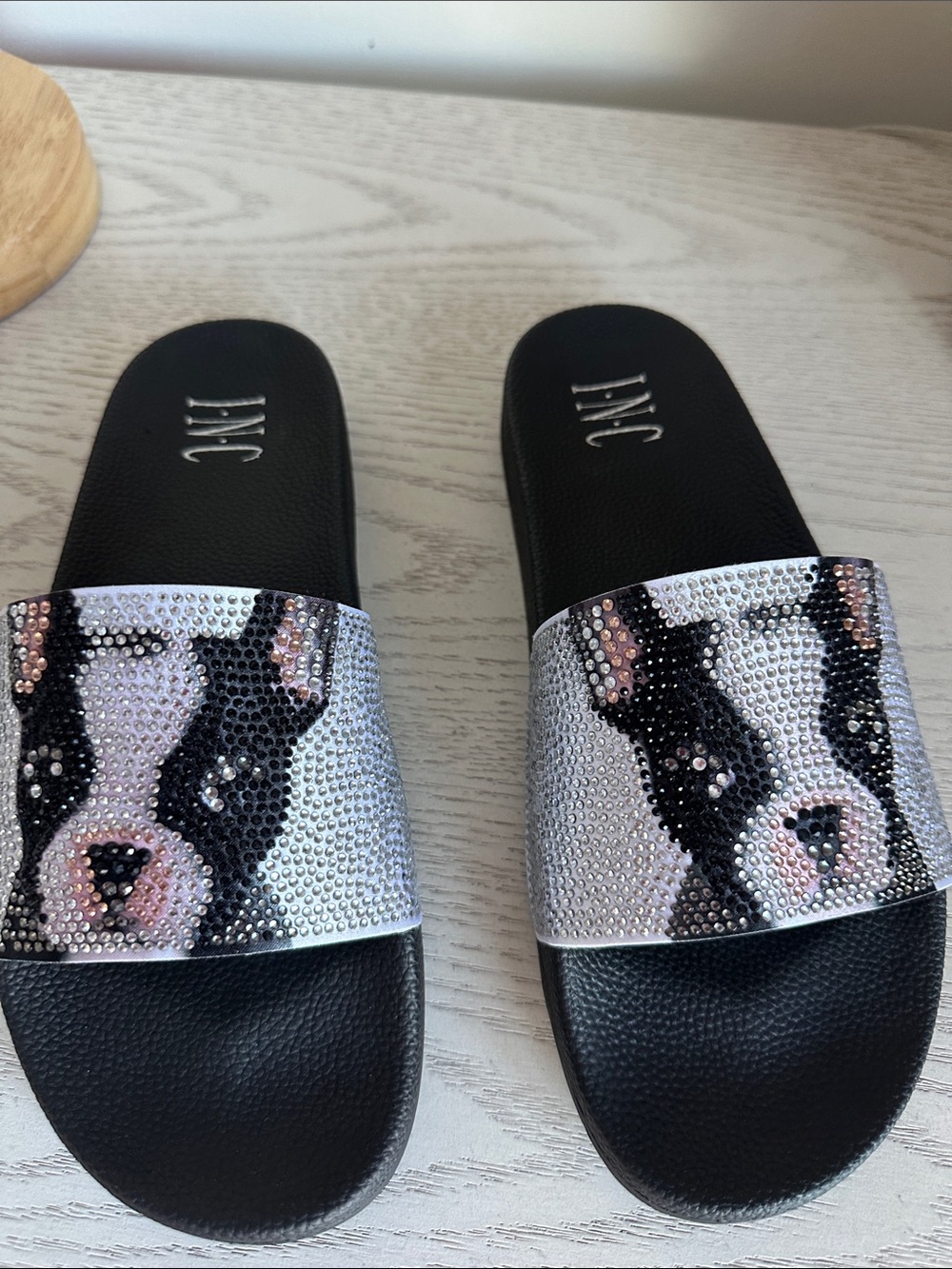 INC International Concepts Black & Silver Rhinestone Boston terrier Slide Sandal